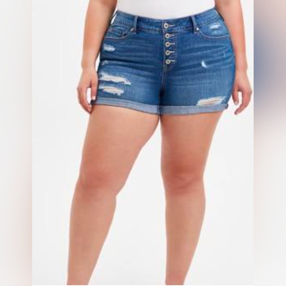 Torrid Women's Plus Size Vintage Button Fly Distressed Blue Jean Shorts